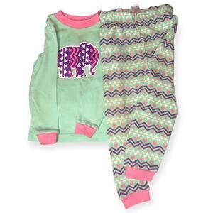 Kidgets Girls Pajamas 24M Elephant Green Pink Hearts Chevron Snug Fit PJs Set